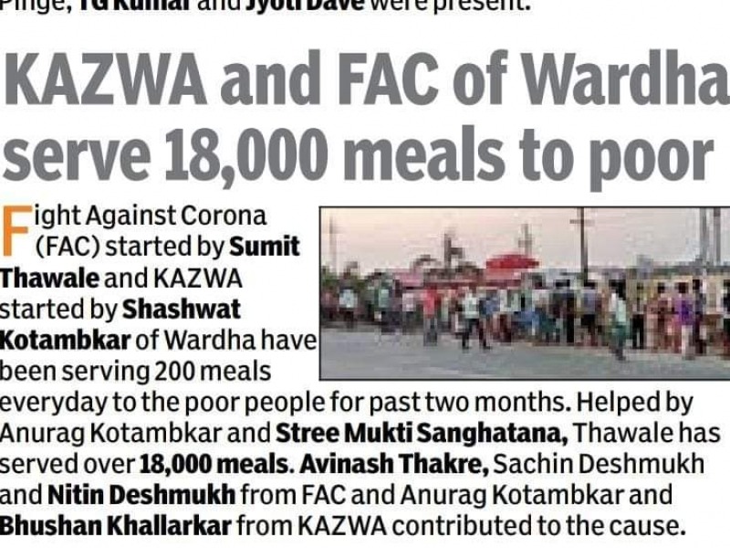 Kazwa and FAC of Wardha Serve 18,000 meal to poor